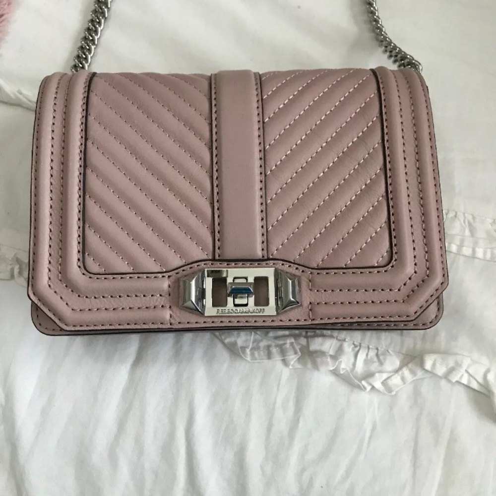 REBECCA MINKOFF CHEVRON *QUILTED LOVE CROSSBODY SHOULDER PURSE PINK MAUVE SILVER